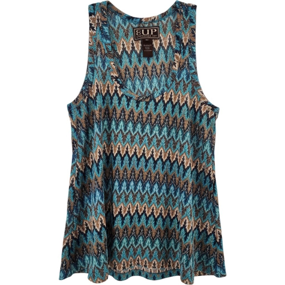 Cowgirl Up Womens Blue Brown Zig Zag Metallic Knit Sleeveless Tank Top Medium‎